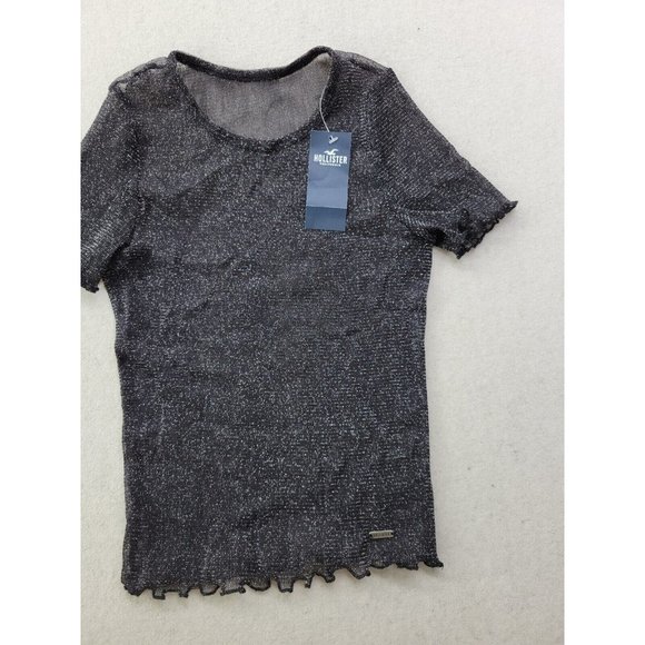 NEW Hollister Women's S Black Silver Thread Top Shirt Sheer Stretch Mesh Net - Picture 3 of 7